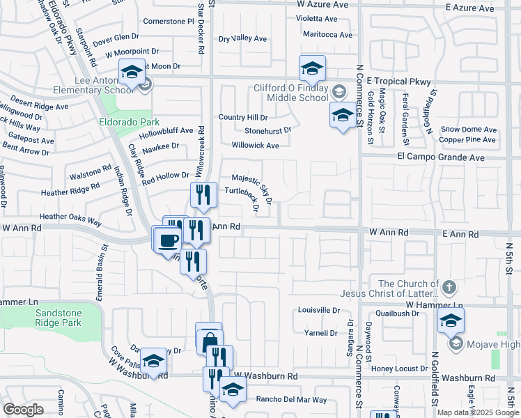 map of restaurants, bars, coffee shops, grocery stores, and more near 634 Turtleback Drive in North Las Vegas