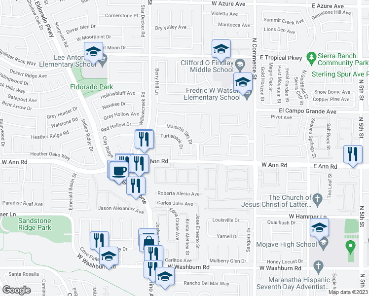 map of restaurants, bars, coffee shops, grocery stores, and more near 634 Turtleback Drive in North Las Vegas