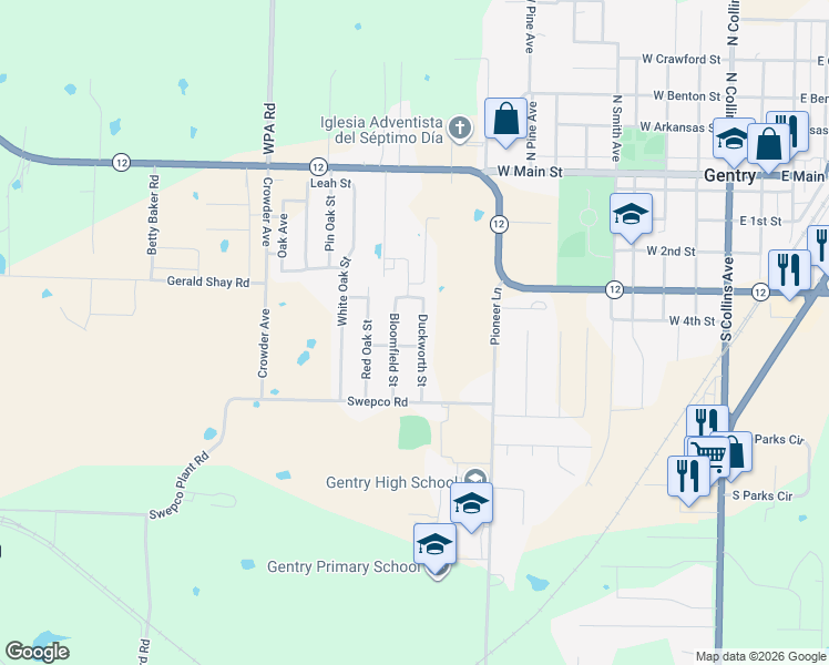 map of restaurants, bars, coffee shops, grocery stores, and more near 1172 Flint Place in Gentry