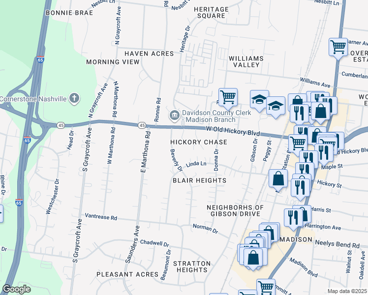 map of restaurants, bars, coffee shops, grocery stores, and more near 527 West Old Hickory Boulevard in Nashville