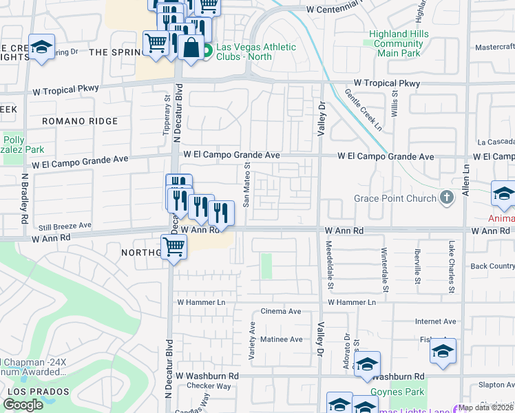 map of restaurants, bars, coffee shops, grocery stores, and more near 4445 Mount Penteli Avenue in North Las Vegas