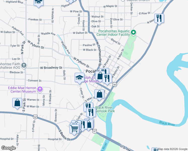 map of restaurants, bars, coffee shops, grocery stores, and more near 319 West Everett Street in Pocahontas