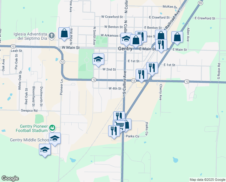 map of restaurants, bars, coffee shops, grocery stores, and more near 245 West 4th Street in Gentry