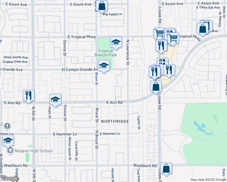 map of restaurants, bars, coffee shops, grocery stores, and more near 5625 Midnight Breeze Street in North Las Vegas