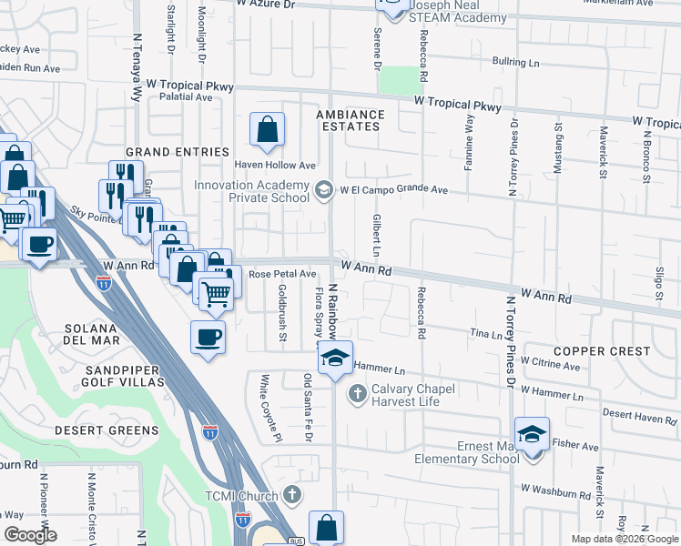 map of restaurants, bars, coffee shops, grocery stores, and more near 5590 North Rainbow Boulevard in Las Vegas