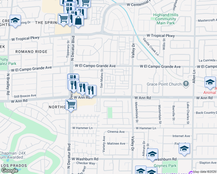 map of restaurants, bars, coffee shops, grocery stores, and more near 4448 Mount Penteli Avenue in North Las Vegas