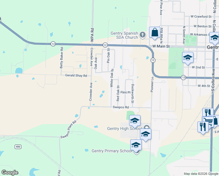 map of restaurants, bars, coffee shops, grocery stores, and more near 545 White Oak Street in Gentry