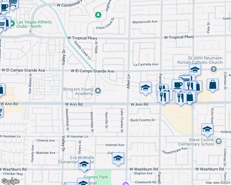map of restaurants, bars, coffee shops, grocery stores, and more near 3807 Enchanted Wells Avenue in North Las Vegas