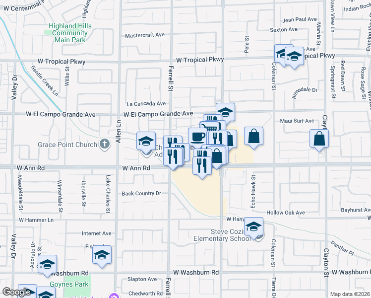 map of restaurants, bars, coffee shops, grocery stores, and more near 5660 Ferrell Street in North Las Vegas