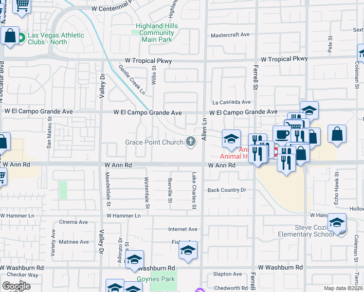 map of restaurants, bars, coffee shops, grocery stores, and more near 3850 West Ann Road in North Las Vegas