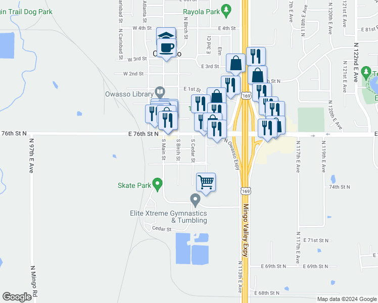map of restaurants, bars, coffee shops, grocery stores, and more near 210 East 3rd Avenue in Owasso