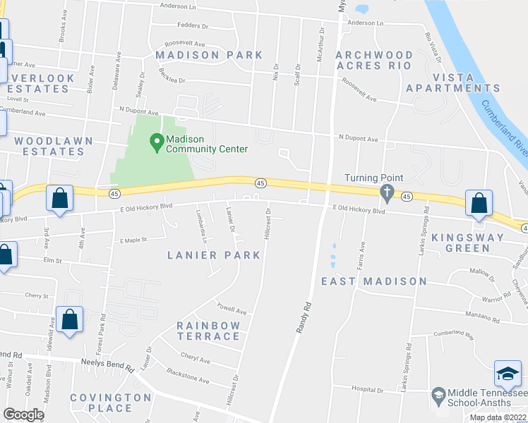 map of restaurants, bars, coffee shops, grocery stores, and more near 114 Hillcrest Drive in Nashville