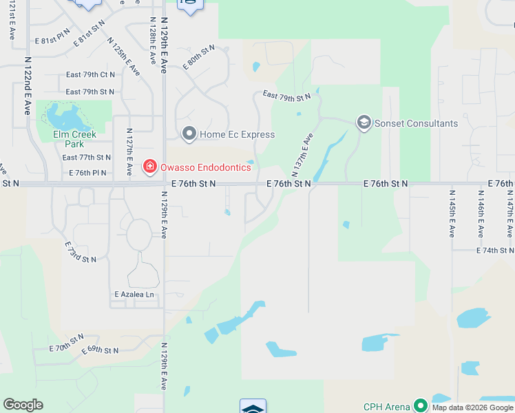 map of restaurants, bars, coffee shops, grocery stores, and more near 13307 East 75th Street North in Owasso