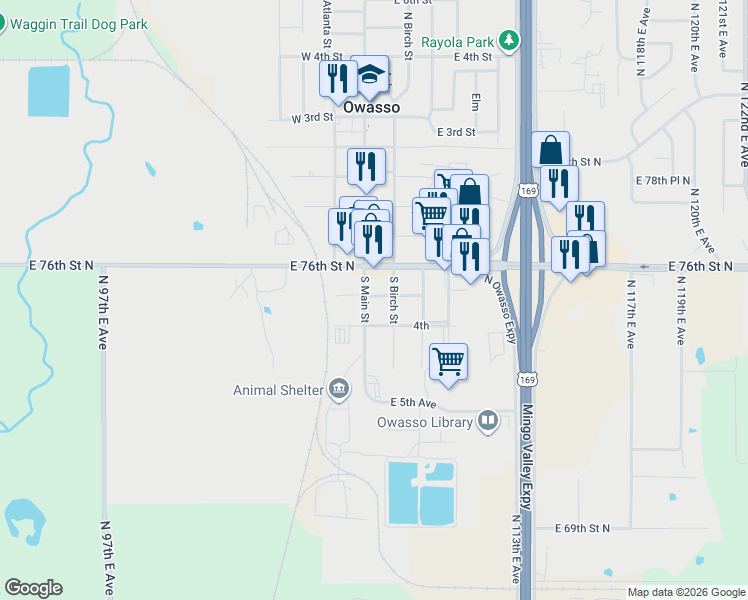 map of restaurants, bars, coffee shops, grocery stores, and more near 311 South Main Street in Owasso