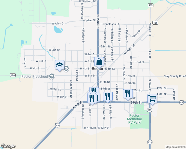 map of restaurants, bars, coffee shops, grocery stores, and more near 114 West 5th Street in Rector