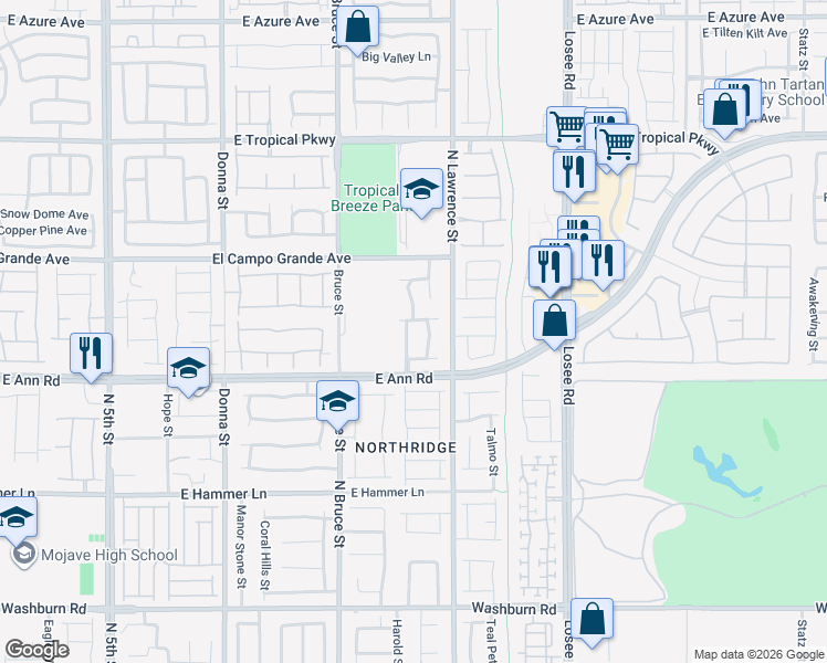 map of restaurants, bars, coffee shops, grocery stores, and more near 5630 Midnight Breeze Street in North Las Vegas