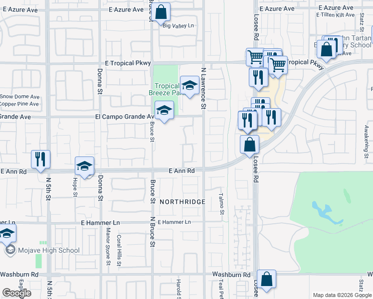 map of restaurants, bars, coffee shops, grocery stores, and more near 5630 Midnight Breeze Street in North Las Vegas