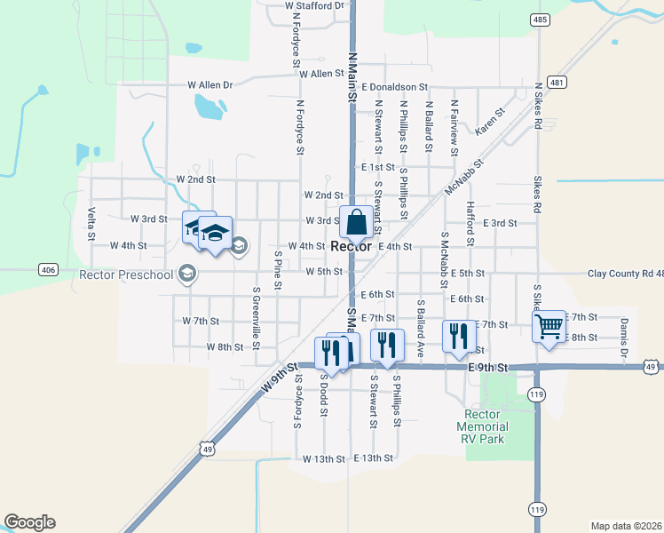map of restaurants, bars, coffee shops, grocery stores, and more near 114 West 5th Street in Rector