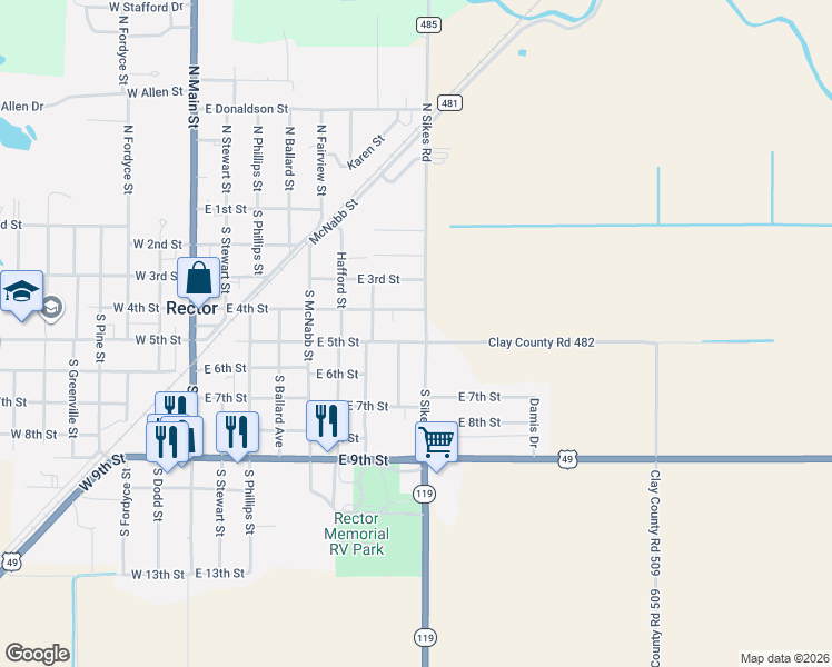 map of restaurants, bars, coffee shops, grocery stores, and more near Clay County Road 482 in Rector