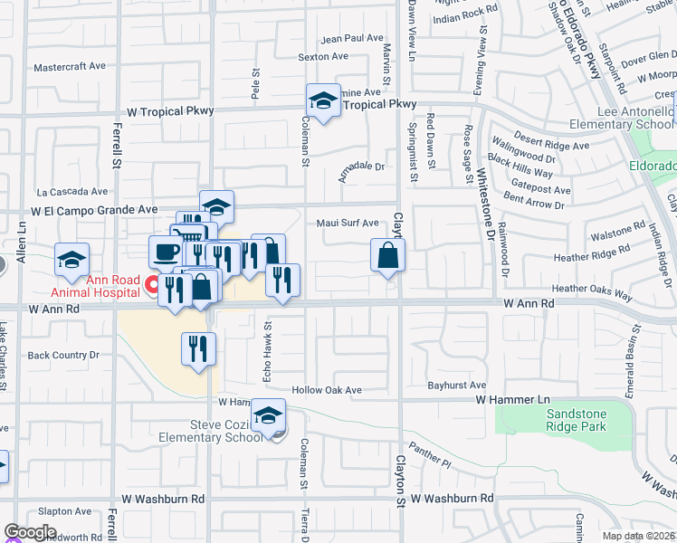 map of restaurants, bars, coffee shops, grocery stores, and more near 2221 Bethesda Fountain Road in North Las Vegas