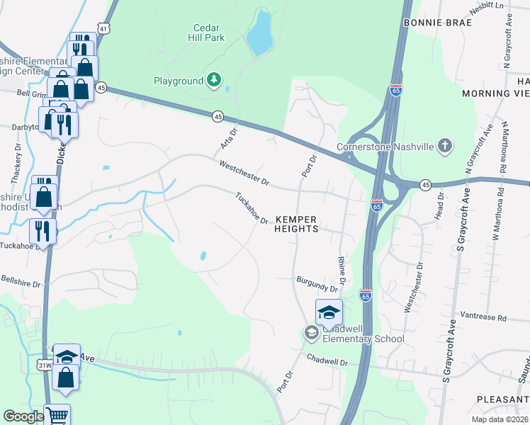 map of restaurants, bars, coffee shops, grocery stores, and more near 201 Foxboro Drive in Nashville