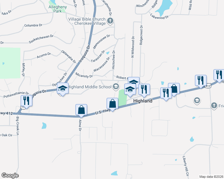 map of restaurants, bars, coffee shops, grocery stores, and more near Rebel Drive in Cherokee Village
