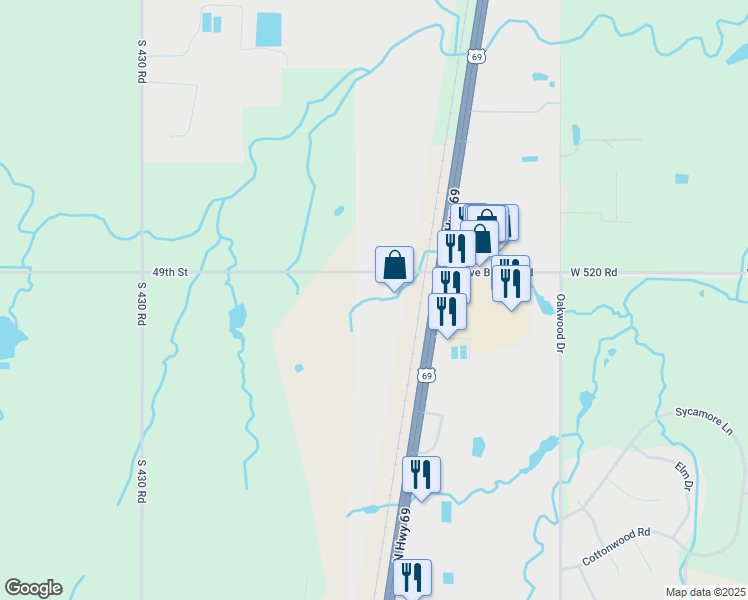 map of restaurants, bars, coffee shops, grocery stores, and more near 4459 West 520 Road in Pryor