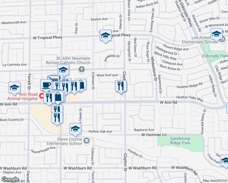 map of restaurants, bars, coffee shops, grocery stores, and more near 2205 Mystic Wave Road in North Las Vegas