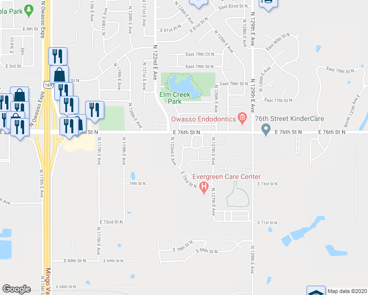 map of restaurants, bars, coffee shops, grocery stores, and more near 10303 East 95th Street in Owasso