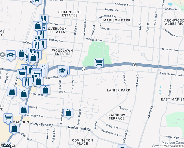 map of restaurants, bars, coffee shops, grocery stores, and more near 520 East Old Hickory Boulevard in Nashville