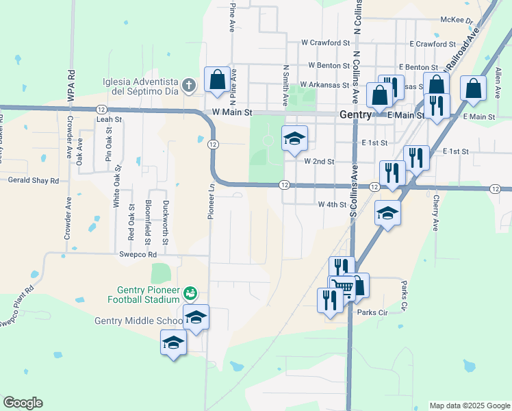 map of restaurants, bars, coffee shops, grocery stores, and more near 500 Comanche Drive in Gentry