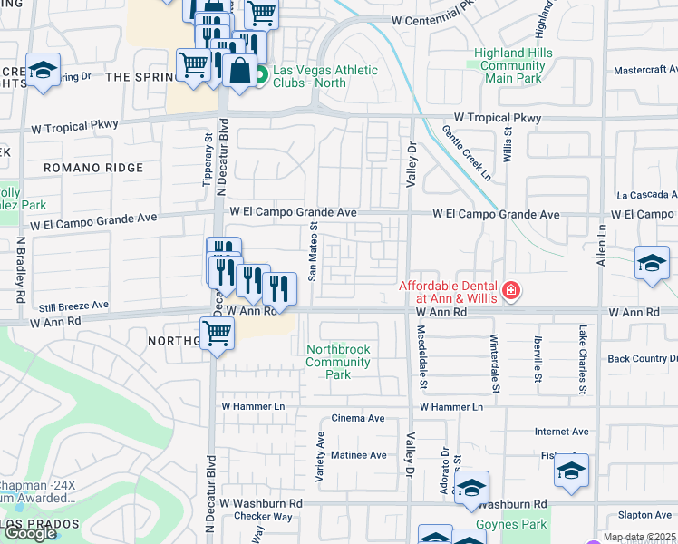 map of restaurants, bars, coffee shops, grocery stores, and more near 4441 Nestos Valley Avenue in North Las Vegas