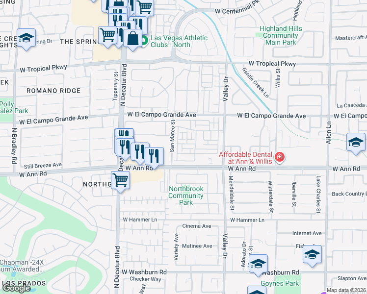 map of restaurants, bars, coffee shops, grocery stores, and more near 4445 Mount Penteli Avenue in North Las Vegas