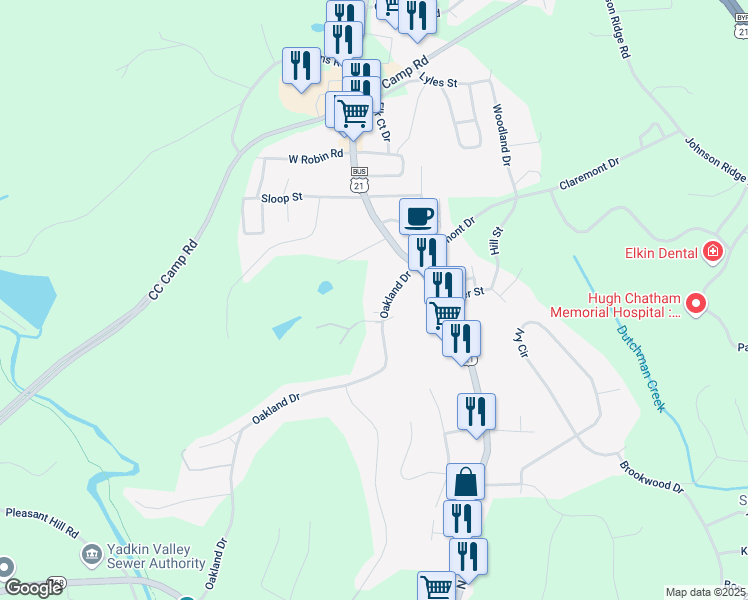 map of restaurants, bars, coffee shops, grocery stores, and more near 162 Oakland Drive in Elkin