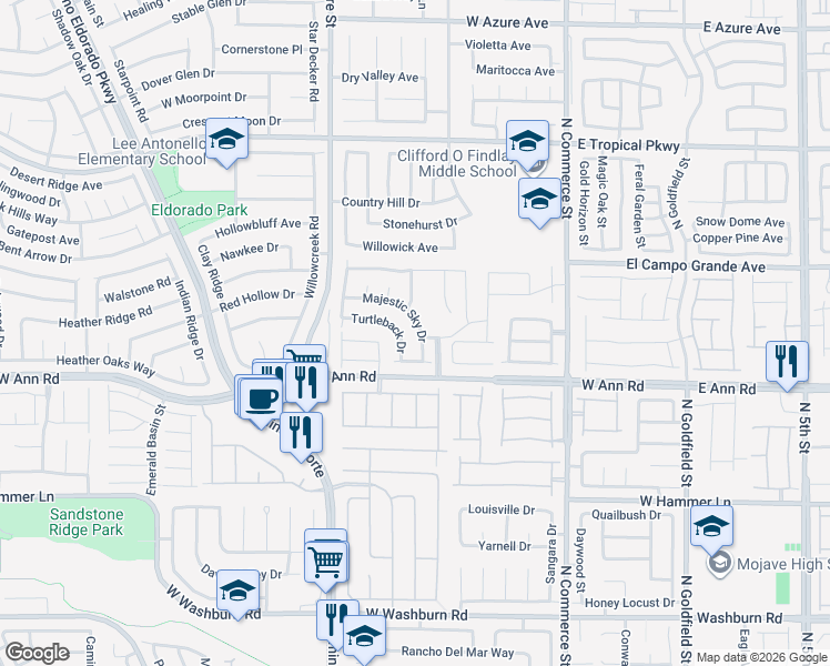 map of restaurants, bars, coffee shops, grocery stores, and more near 629 Majestic Sky Drive in North Las Vegas