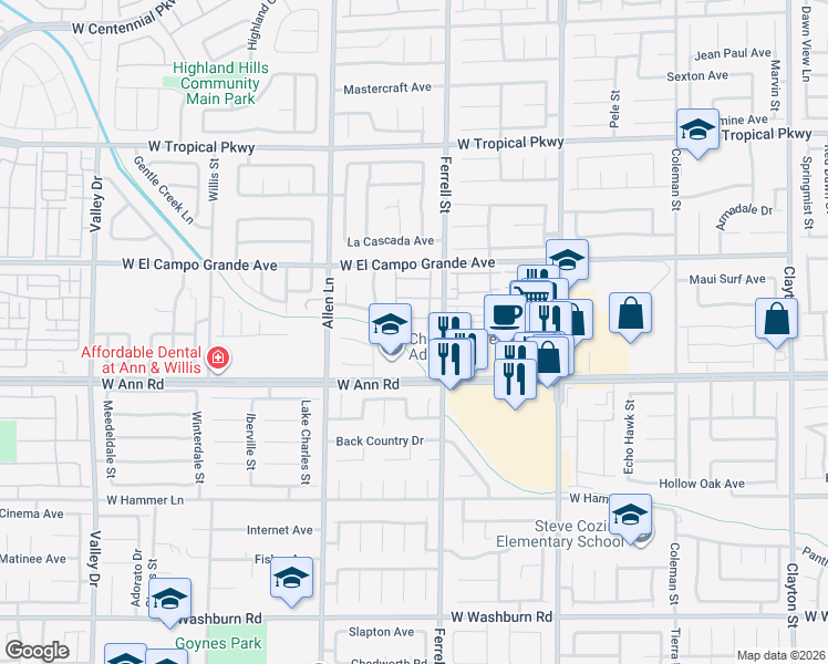 map of restaurants, bars, coffee shops, grocery stores, and more near 5619 Baronese Street in North Las Vegas