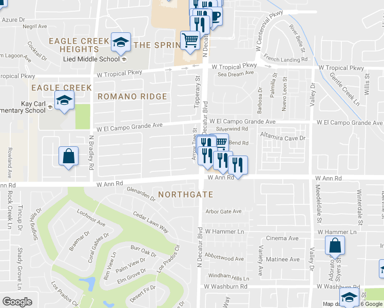 map of restaurants, bars, coffee shops, grocery stores, and more near 5680 Arrow Tree Street in Las Vegas