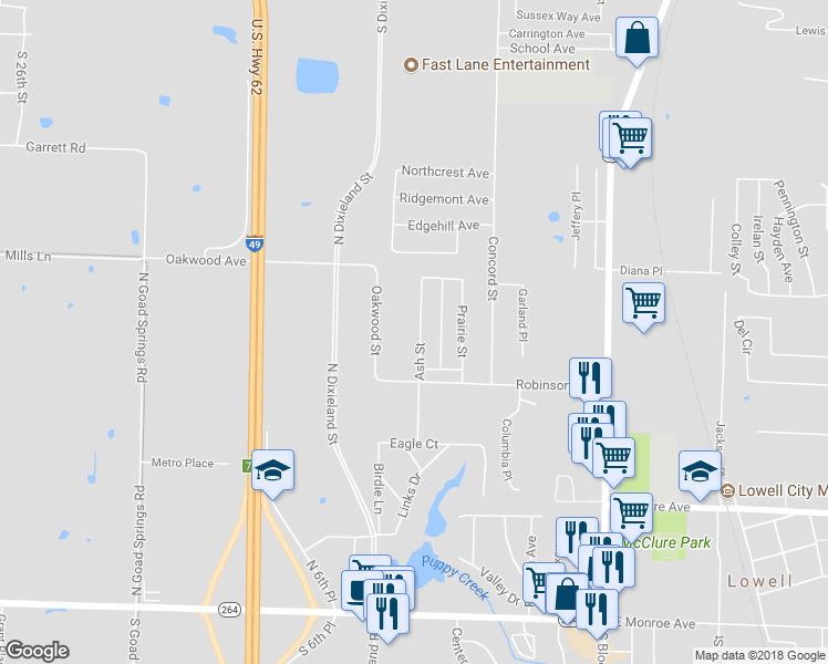 map of restaurants, bars, coffee shops, grocery stores, and more near 524 Ash Street in Lowell