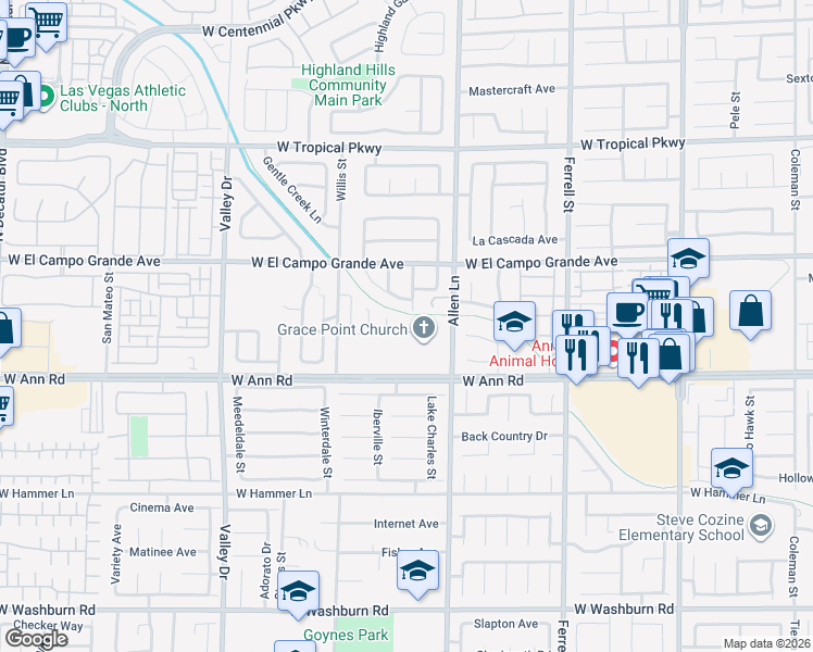 map of restaurants, bars, coffee shops, grocery stores, and more near 3850 West Ann Road in North Las Vegas