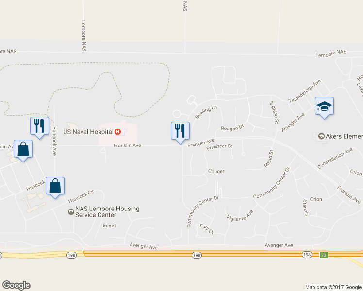 map of restaurants, bars, coffee shops, grocery stores, and more near Franklin Avenue in Lemoore