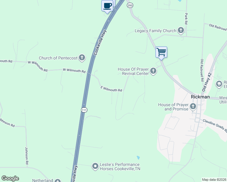 map of restaurants, bars, coffee shops, grocery stores, and more near 207 Charlie Peek Ln in Cookeville