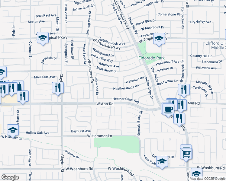 map of restaurants, bars, coffee shops, grocery stores, and more near 1631 Heather Ridge Road in North Las Vegas