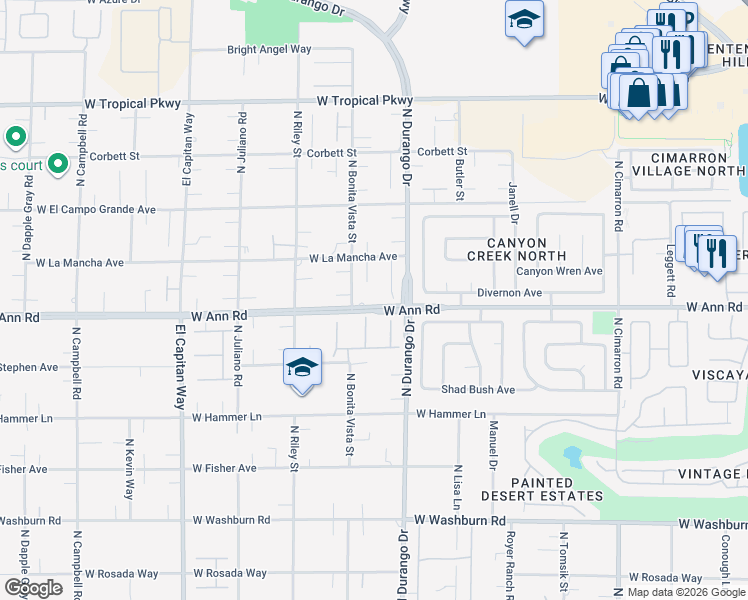 map of restaurants, bars, coffee shops, grocery stores, and more near 8460 West Ann Road in Las Vegas
