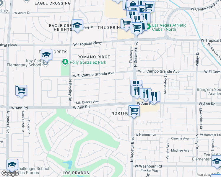 map of restaurants, bars, coffee shops, grocery stores, and more near 5017 Frozen Springs Court in Las Vegas