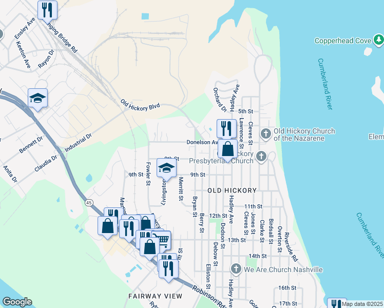 map of restaurants, bars, coffee shops, grocery stores, and more near 1201 Donelson Avenue in Nashville