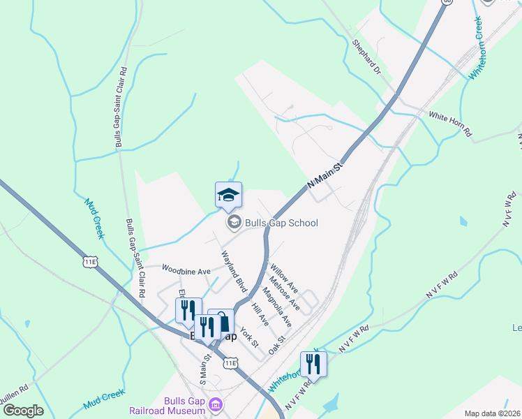 map of restaurants, bars, coffee shops, grocery stores, and more near 121 Kite Street in Bulls Gap