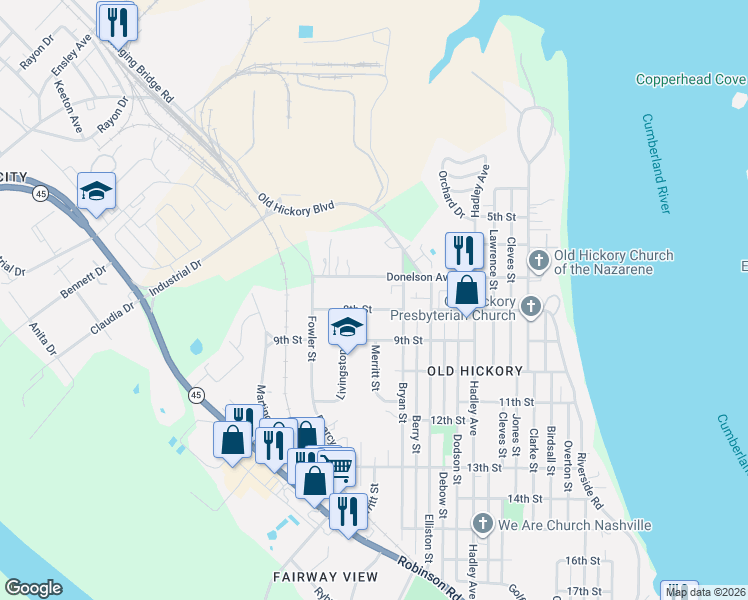map of restaurants, bars, coffee shops, grocery stores, and more near 1229 Donelson Avenue in Nashville