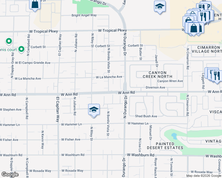 map of restaurants, bars, coffee shops, grocery stores, and more near 8480 West Ann Road in Las Vegas