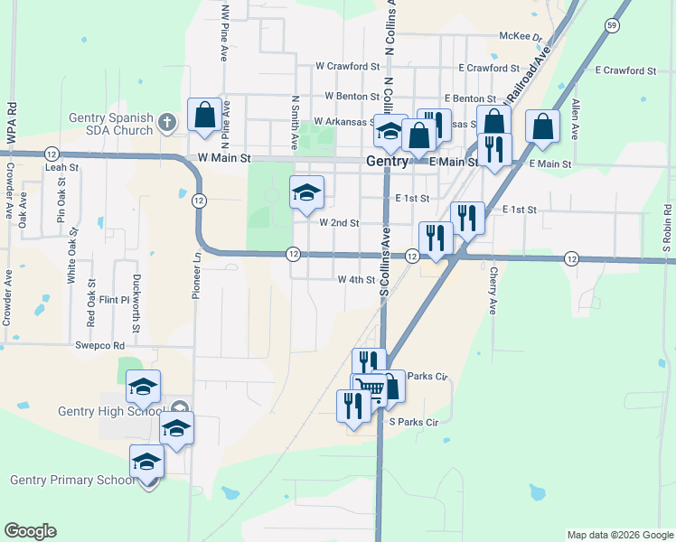 map of restaurants, bars, coffee shops, grocery stores, and more near 325 South Giles Street in Gentry