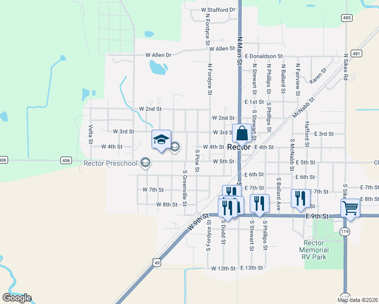map of restaurants, bars, coffee shops, grocery stores, and more near 315 South Greenville Street in Rector